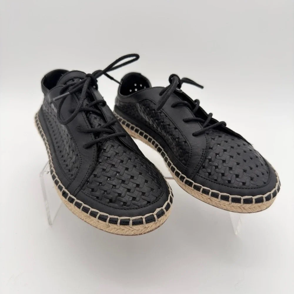 Vince Camuto Woven Leather Espadrille Sneakers Black Lace Up Women's 6M